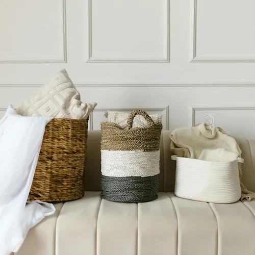 Baskets for organising on sofa