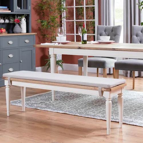 Farmhouse Cream Dining Bench with Grey Seat Cushion from EZ Living Furniture.