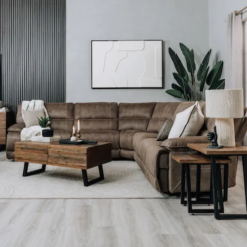 Dexter Small Taupe Fabric Reclining Sofa from EZ Living Furniture.