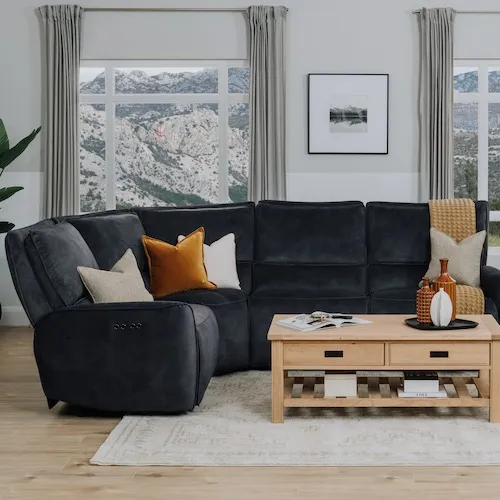 Quentin Medium dark grey fabric reclining sofa from EZ Living Furniture