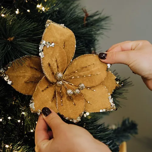 Gold Fabric Flower Christmas Spray at EZ Living Furniture.