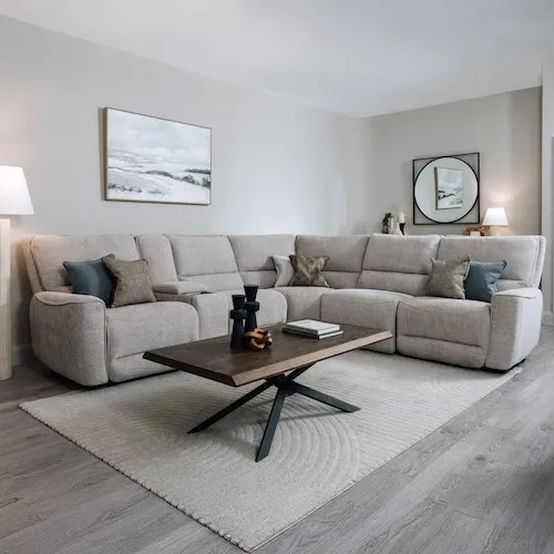 Ashbrook Beige Fabric Power Reclining Corner Sofa with USB at EZ Living Furniture.