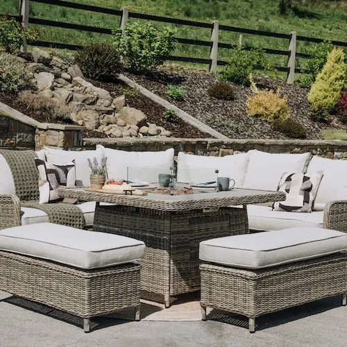 Monterey Firepit Table, Corner Sofa, & 2 Ottomans at EZ Living Furniture.