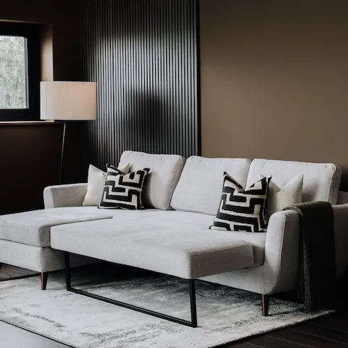 Sasha 3 Seater Stone RAF Chaise Sofa Bed at EZ Living Furniture.