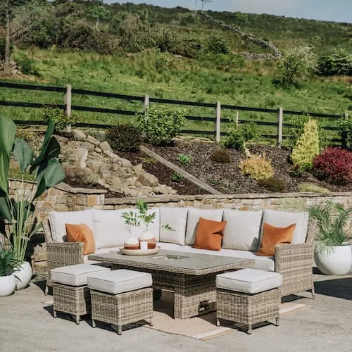 Monterey Corner Garden Set with Rising Table & 3 Ottomans at EZ Living Furniture.