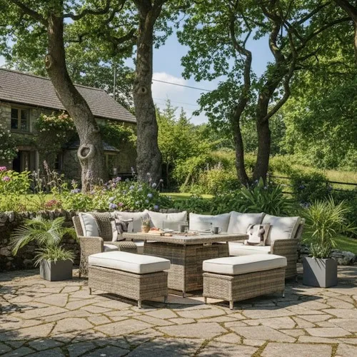 Monterey Corner Garden Set with Fire Pit at EZ Living Furniture.