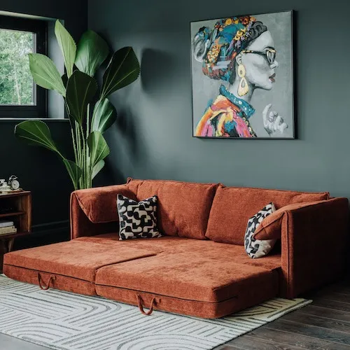 Pierce 3 Seater Dark Orange Fabric Sofa Bed at EZ Living Furniture.