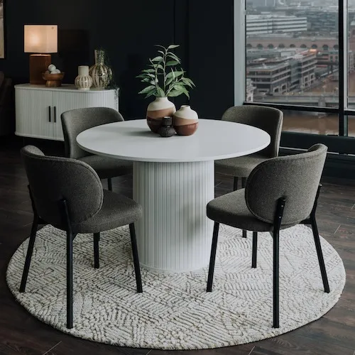 Nola White Dining Table and Dark Taupe Swan Dining Chairs at EZ Living Furniture.
