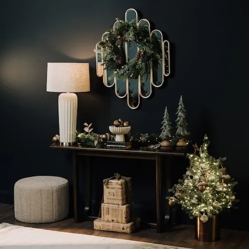 Flow Console Table decorated for Christmas at EZ Living Furniture.
