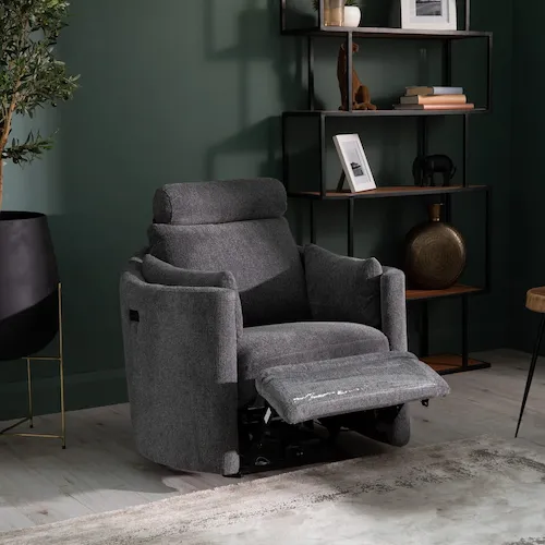 Dunloe grey fabric reclining armchair from EZ Living Furniture.