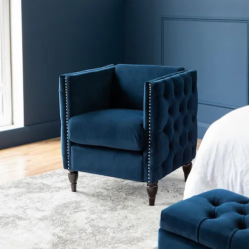 Majestic blue velvet armchair from EZ Living Furniture.