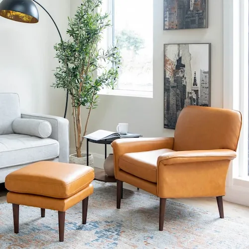 Donna tan leather armchair and footstool from EZ Living Furniture.