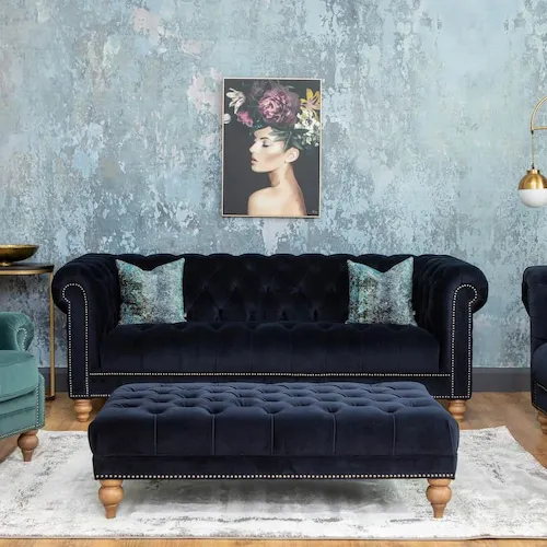 Adare 3.5 seater blue velvet sofa from EZ Living Furniture.
