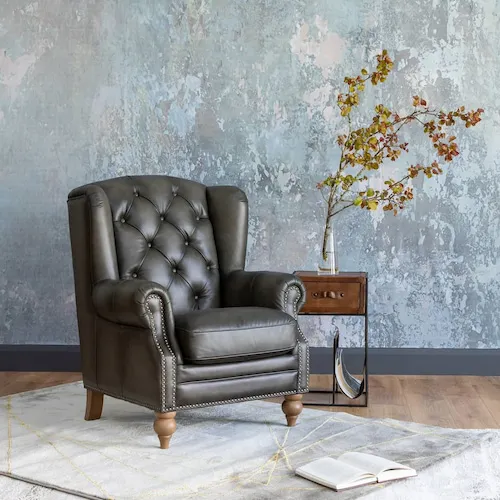 Adare vintage grey leather wing chair from EZ Living Furniture.