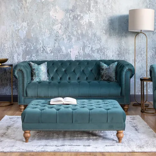 Adare teal velvet Chesterfield sofa from EZ Living Furniture.