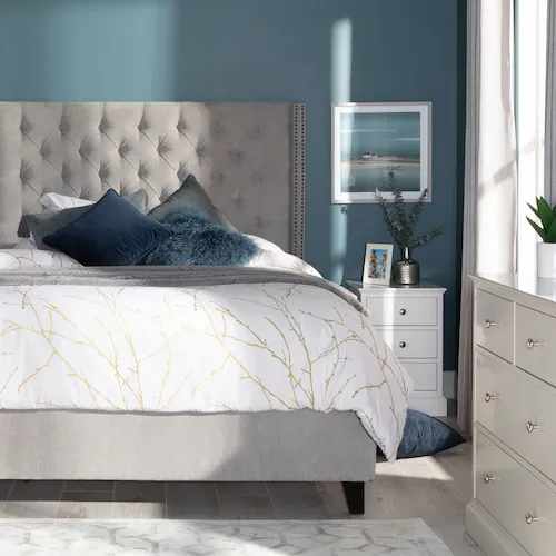 Encore grey fabric bed frame from EZ Living Furniture.