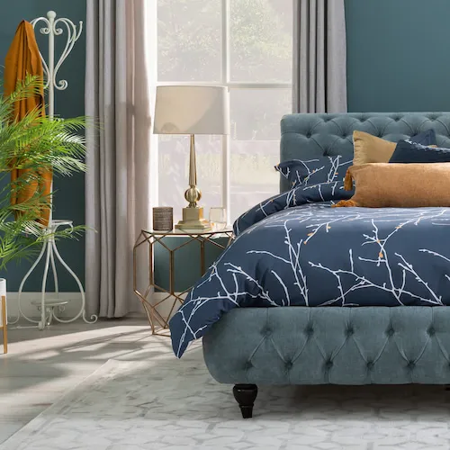 Teal fabric Indulge bed frame from EZ Living Furniture.