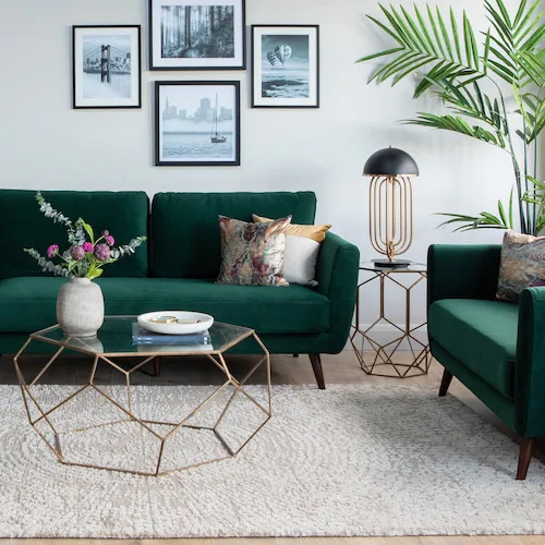 Reflect 3 seater green velvet sofa from EZ Living Furniture.