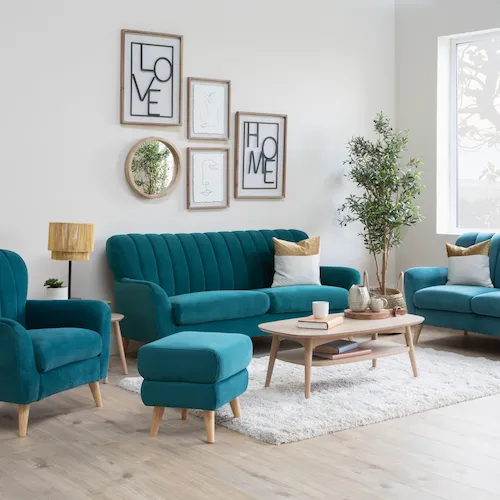 Harper teal sofa armchair and footstool from EZ Living Furniture.