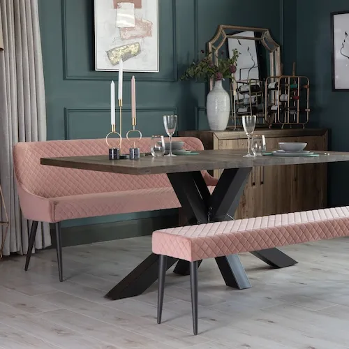 Pink velvet Ottowa dining benches from EZ Living Furniture.