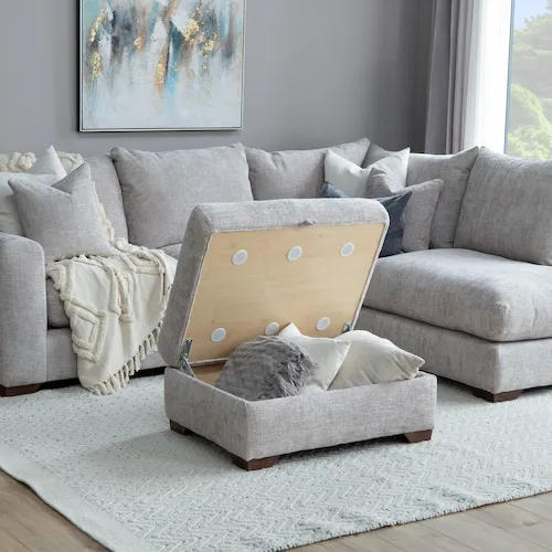 Beige fabric Aurora Footstool from EZ Living Furniture.