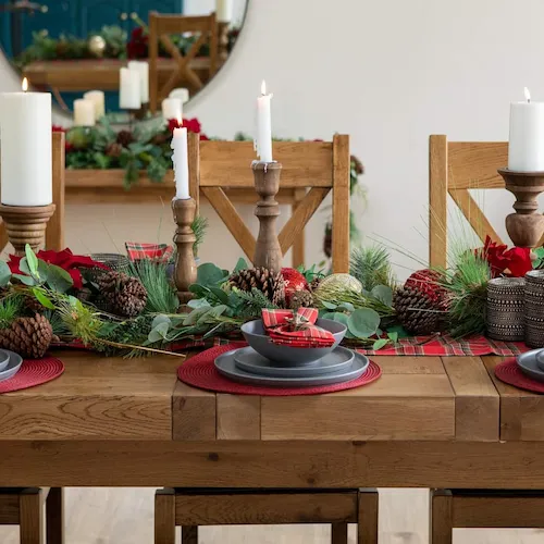 Red and gold tartan theme Christmas table decor from EZ Living Furniture.