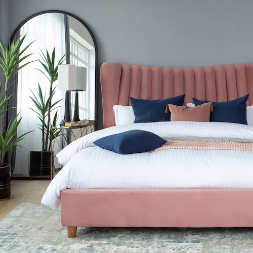Rosey pink velvet bed frame from EZ Living Furniture.