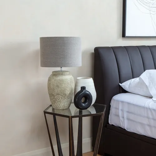 Vertas lamp with grey lampshade from EZ Living Furniture.