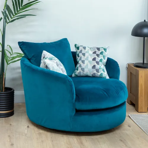 Santiago teal velvet swivel armchair from EZ Living Furniture.