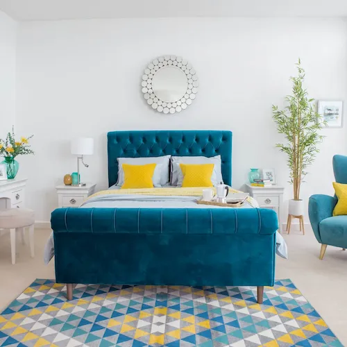 Sofia teal velvet bed frame from EZ Living Furniture.