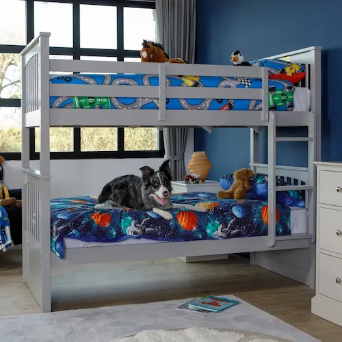 Lara grey bunk bed from EZ Living Furniture with dog.