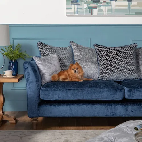 Sophia pillow back sofa from EZ Living Furniture with dog.