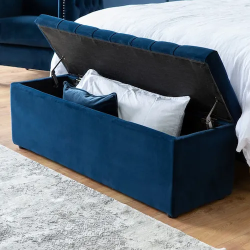 Majestic dark blue velvet blanket box from EZ Living Furniture.