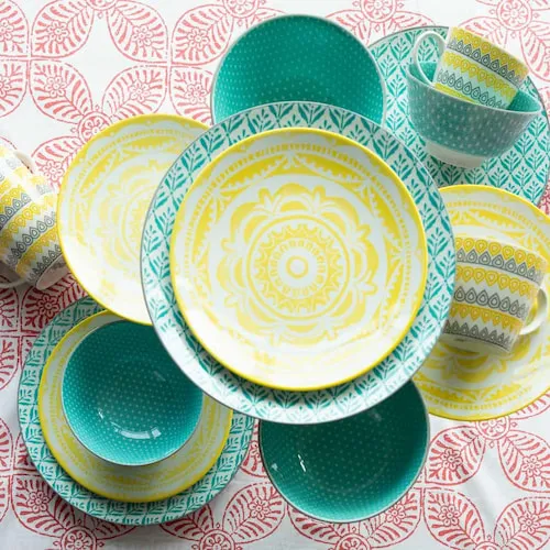 Satis yellow and teal dinnerware from EZ Living Furniture.