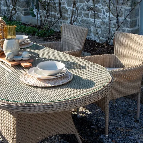 Close up of Seville Rattan Garden set at EZ Living Furniture.