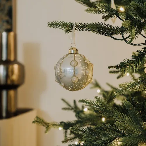 Champagne gold glitter pearl-encrusted luxurious bauble for Christmas tree from EZ Living Furniture.