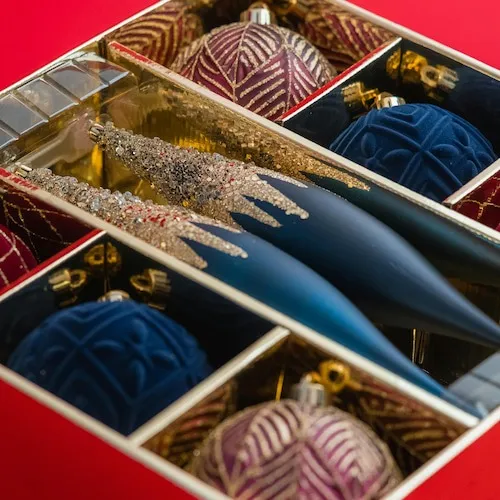 Christmas baubles in box