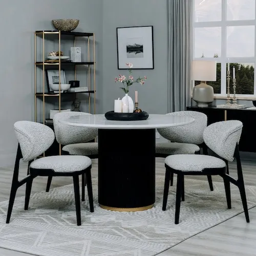 Rego Marble & Black Mango Round Dining Table at EZ Living Furniture.