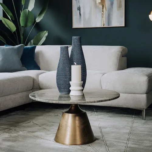 Pyramid Marble Top Brass Base Coffee Table from EZ Living Furniture.