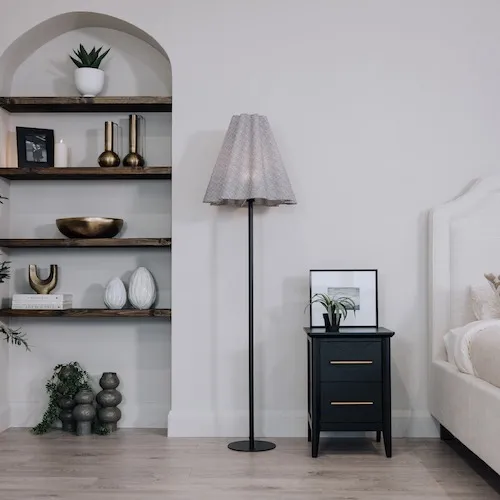Rodrigo Linen Shade Black Metal Floor Lamp from EZ Living Furniture.