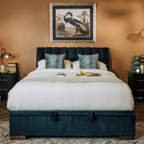 Lancelot Petrol Blue King Size 5ft Bed Frame with duvets and bed sheets.