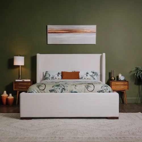Quay West Beige Fabric Bed Frame at EZ Living Furniture.