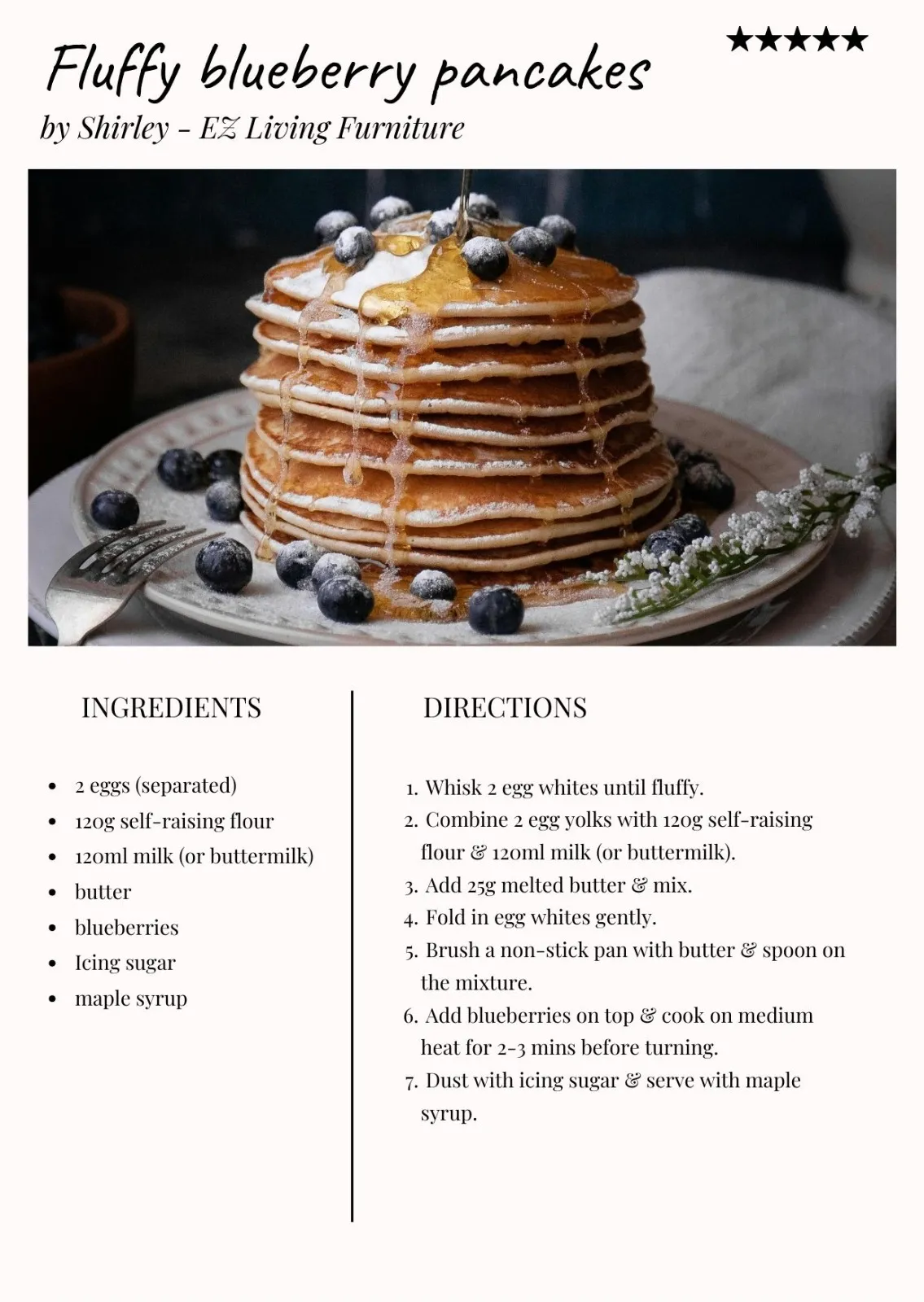 Fluffy blueberry pancake recipe from EZ Living Furniture.