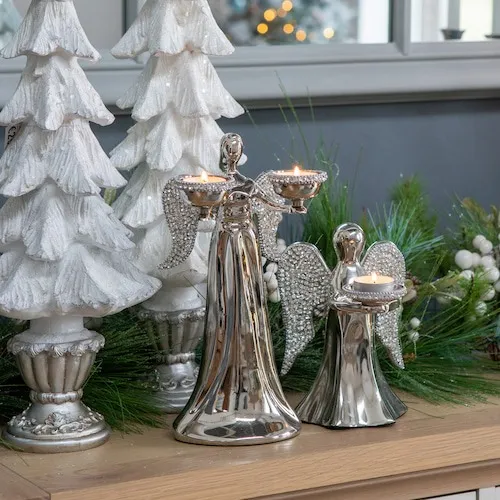 Silver Rhinestone Angel with 2 T-Lights Christmas Candle Holder