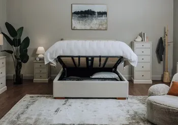 Ebony natual linen colour fabric ottoman bed in a bedroom setup