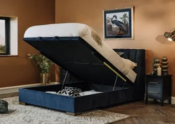 Lancelot ottoman bed in blue fabric with visible storage space